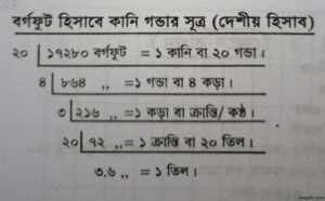 বর্গফুট হিসাবে কানি গন্ডার সূত্র (দেশীয় হিসাব) 